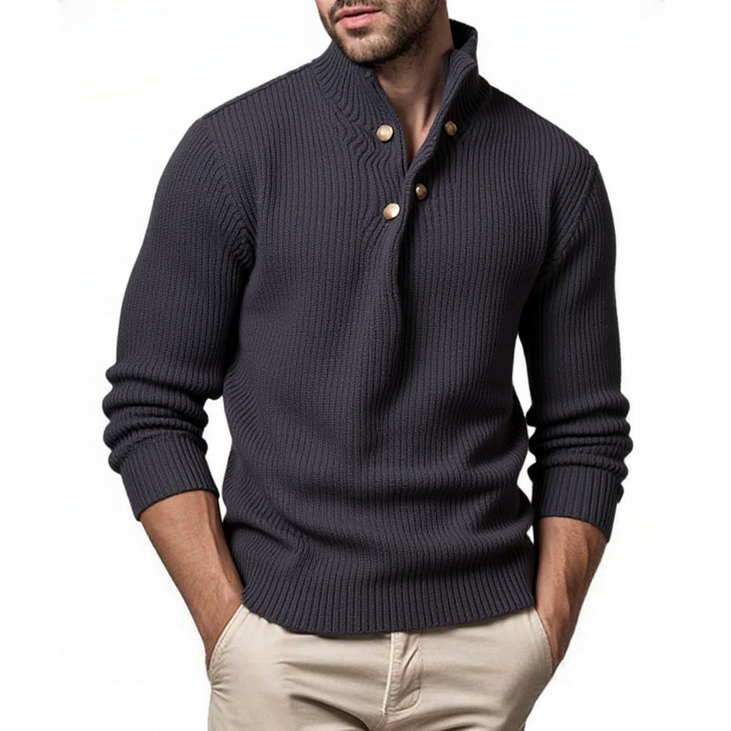 Herren modischer Strickpullover mit Stehkragen und asymmetrischer Knopfleiste ModeGeist
