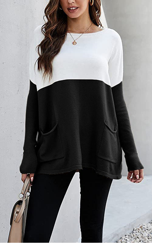 Damen Strickpullover mit großen Fronttaschen und kontrastiertem Design ModeGeist