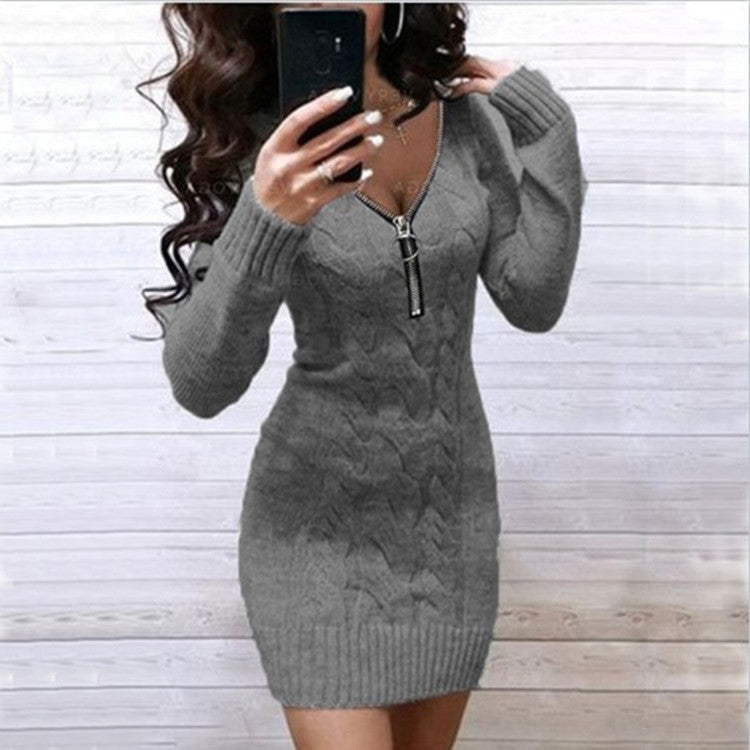 Damen Strickkleid mit Zip-Detail und strukturiertem Muster ModeGeist