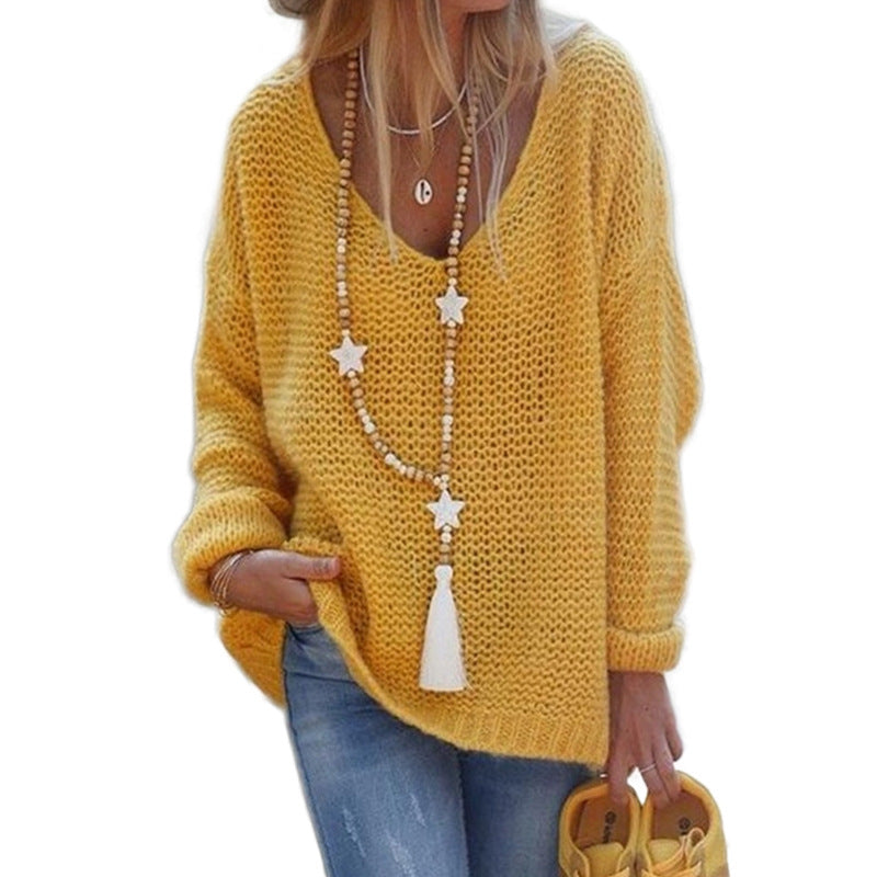 Damen Grobstrickpullover mit tiefem V-Ausschnitt und lässigem Schnitt ModeGeist