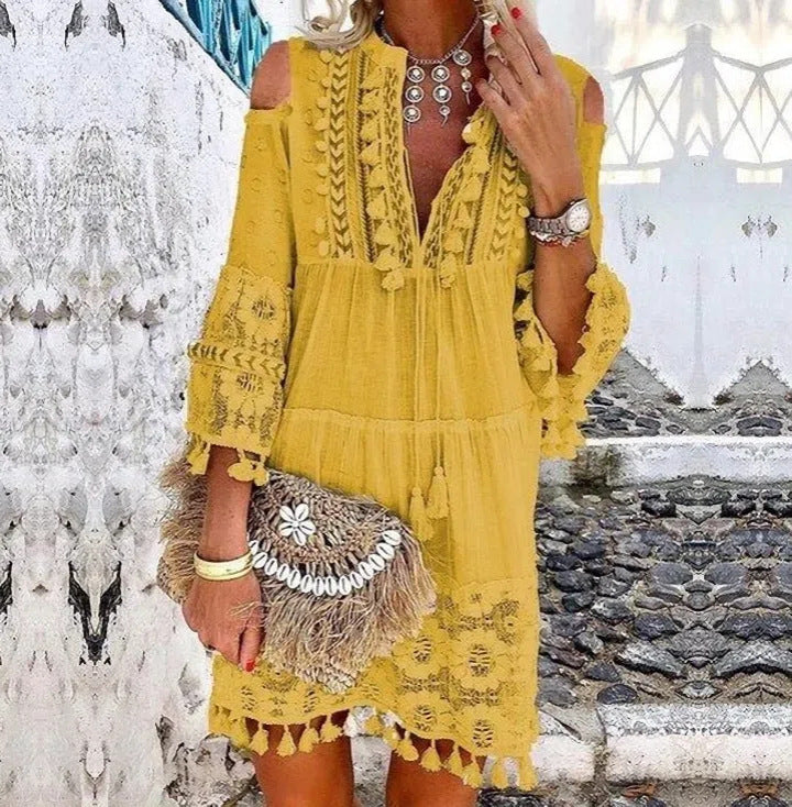 Off-Shoulder Boho Tunic for Women with Lace Details by MODEGEIST