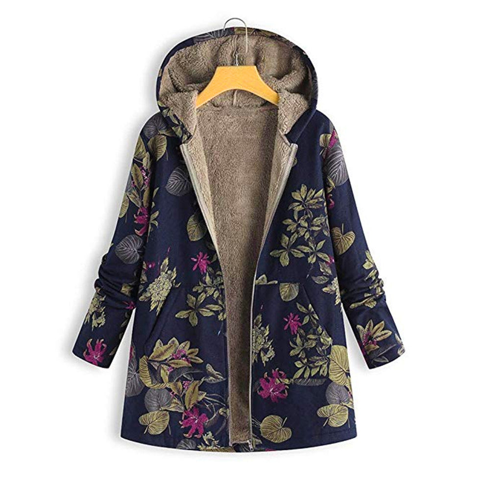 ModeGeist | Kapuzenmantel - Plüschfutter - Floralprint - Lockere Passform - Reißverschluss Vorne