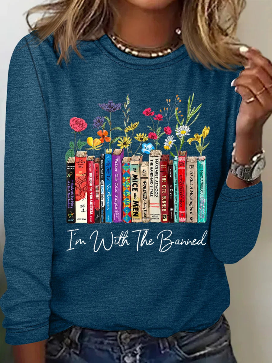 Damen Langarmshirt mit Bücher- und Blumenmotiv ModeGeist