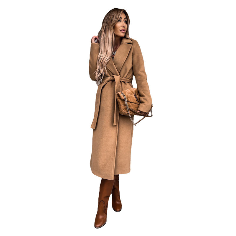 Damen eleganter Langmantel mit Gürtel und offenen Taschen ModeGeist