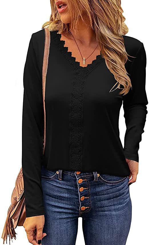 Damen elegantes V-Ausschnitt Longsleeve-Shirt mit Spitzenbesatz ModeGeist