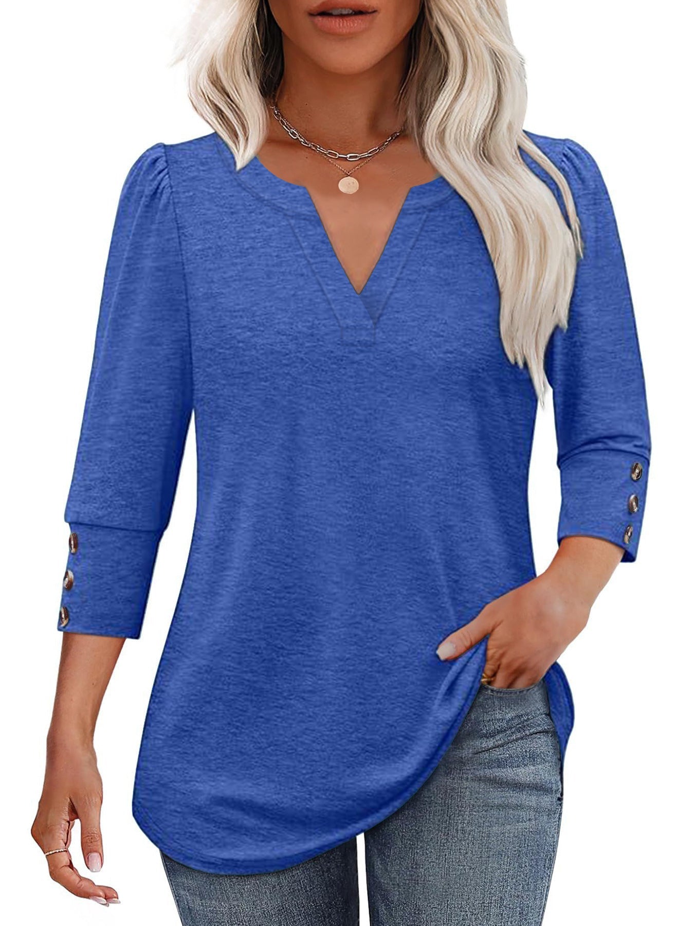 Damen V-Ausschnitt Bluse mit dekorativen Knopfdetails ModeGeist