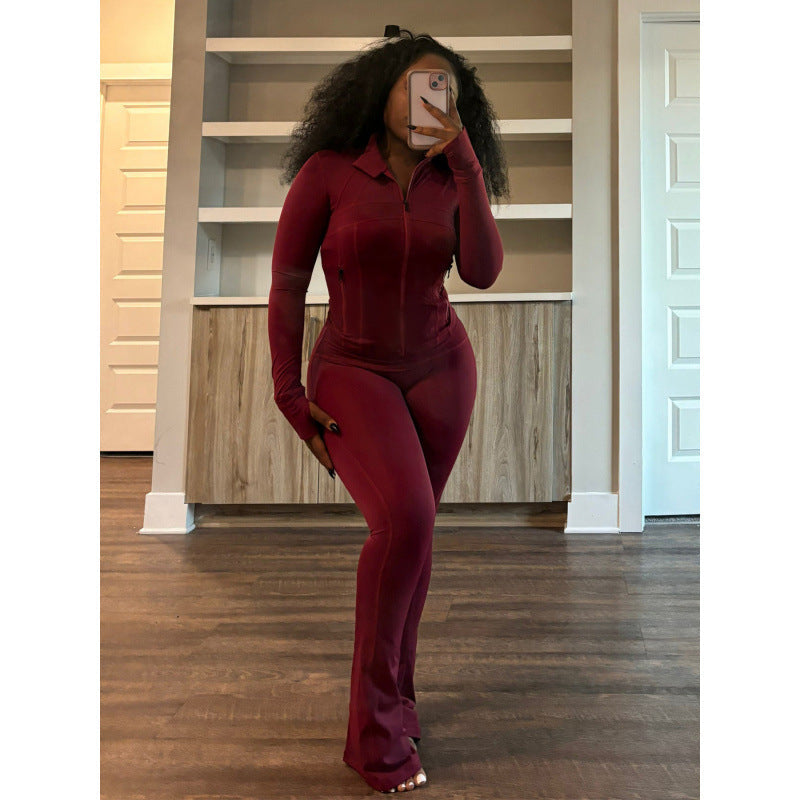 Damen figurbetonender Jumpsuit mit Hochkragen und durchgehendem Reißverschluss ModeGeist