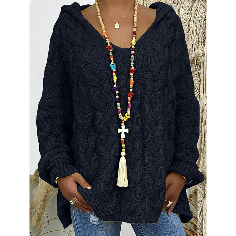 Damen Hoody aus Grobstrick mit V-Ausschnitt und dekorativem Kordelzug ModeGeist