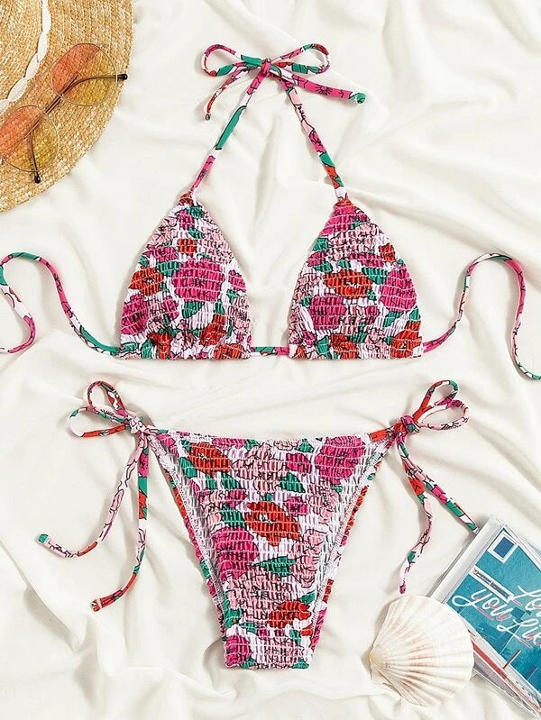 Modischer Damen-Bikini mit Dreieck-Oberteilen, Blumenprint und verstellbaren Trägern