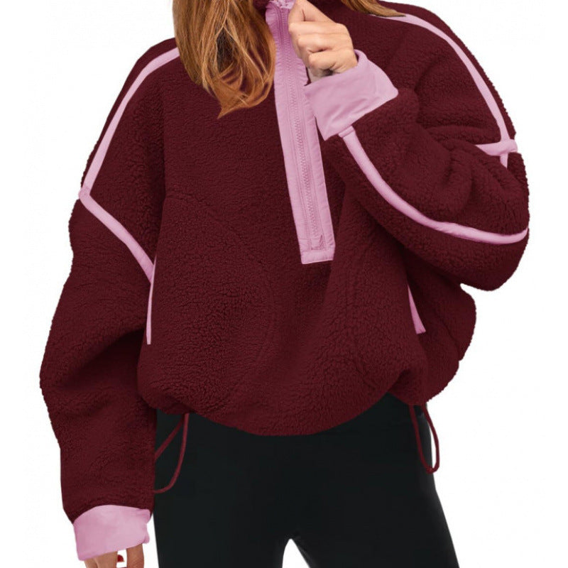 Damen Fleecpullover mit halbem Reißverschluss und kontrastierenden Ärmeln ModeGeist