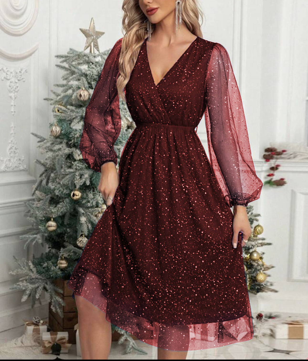 Damen Glamouröses Midikleid mit transparenten Puffärmeln und schimmerndem Paillettenmuster ModeGeist