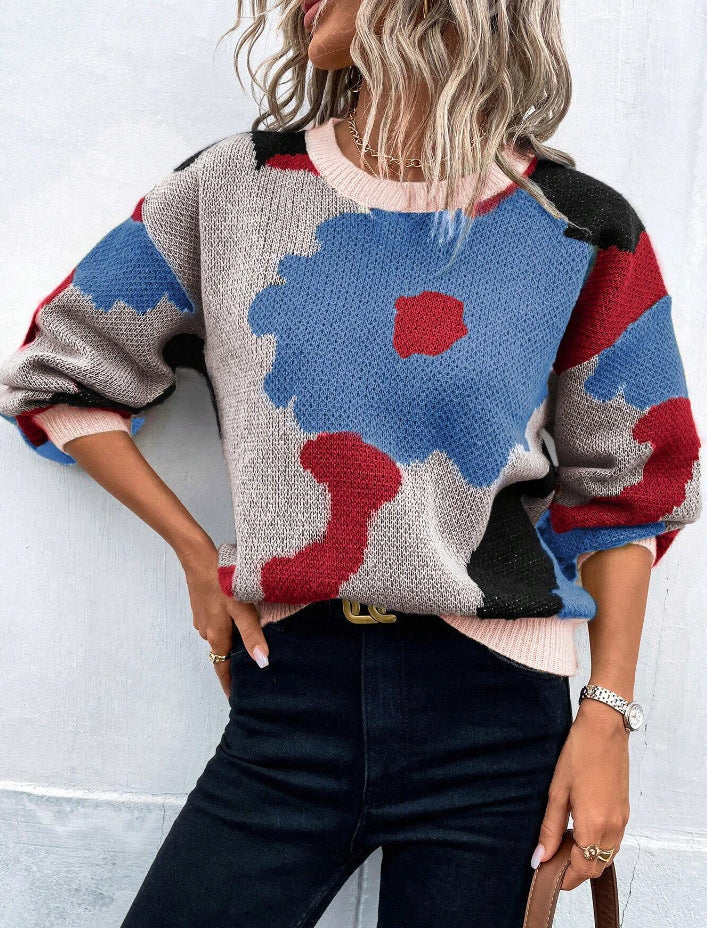 ModeGeist | Pullover Pullover Strickstoff Lockere Passform Rundhals Ballonärmel Gemustert