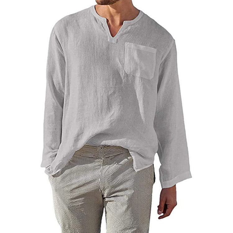 Herren Leinen Langarmshirt mit Henley-Ausschnitt und Brusttasche ModeGeist