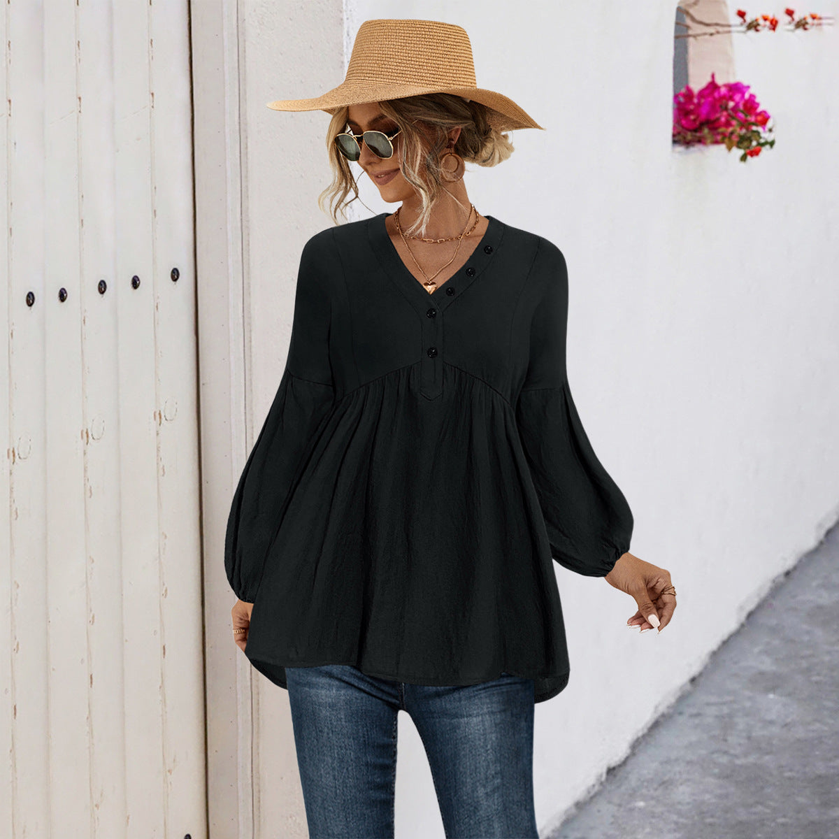 Damen Blusenshirt mit Knopfdetails und lockerer Passform ModeGeist