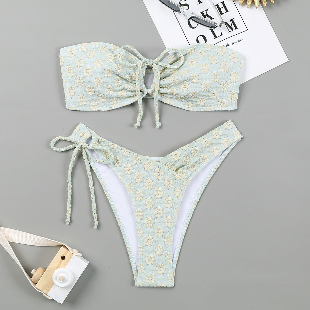 Modischer Damen-Bikini mit Blumenmuster, Bandeau-Oberteil