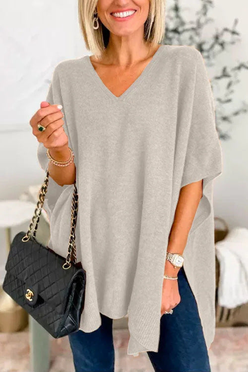 Damen lässiger Strickponcho mit V-Ausschnitt und überschnittenen Ärmeln ModeGeist