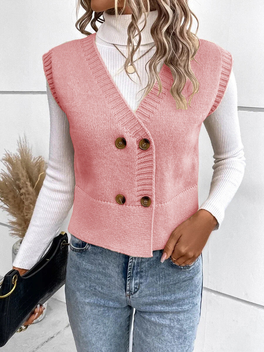 Damen Strickweste mit doppelter Knopfleiste und stylischem V-Ausschnitt ModeGeist