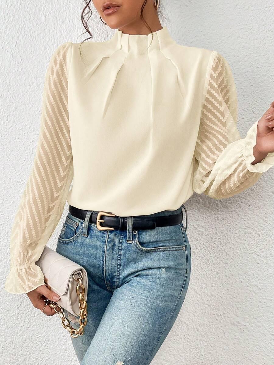 ModeGeist | Bluse mit Plissiertem Kragen und Transparenten Ärmeln Stilvoll und Feminin