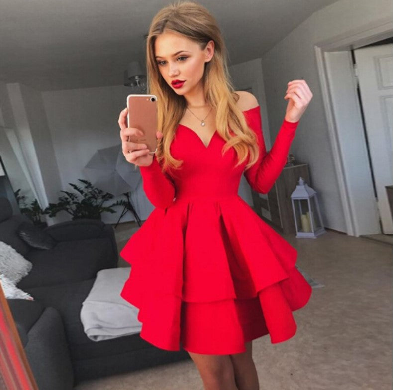 Damen Verspieltes schulterfreies Cocktailkleid mit Volants und tiefem V-Ausschnitt ModeGeist