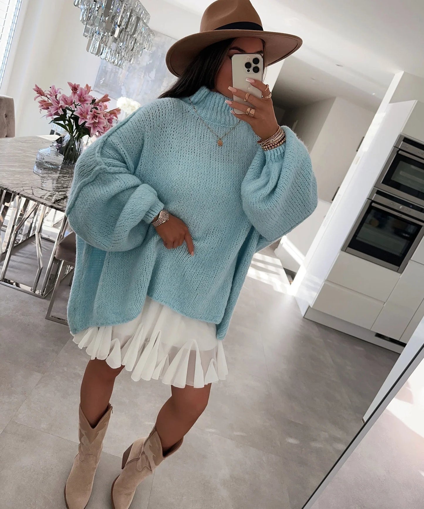 Damen lässiger Oversize Pullover mit hohen Ärmeln und unkonventionellem Schnitt ModeGeist