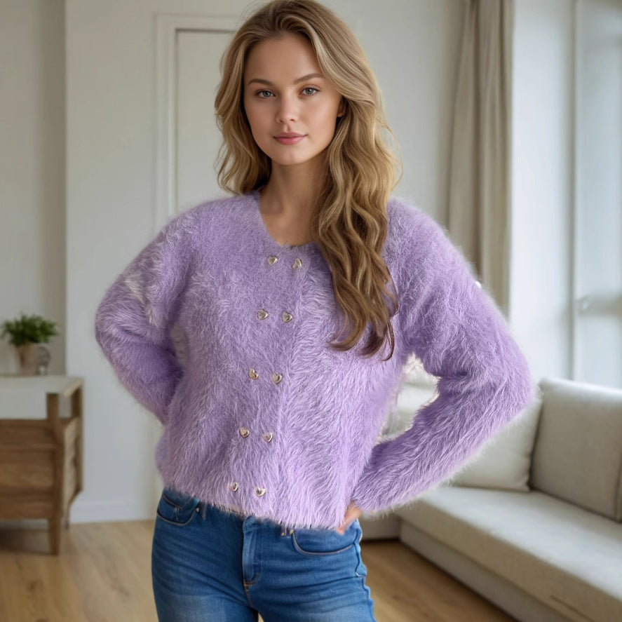 Damen flauschige Strickjacke mit herzförmigen Knöpfen und lockerer Passform ModeGeist