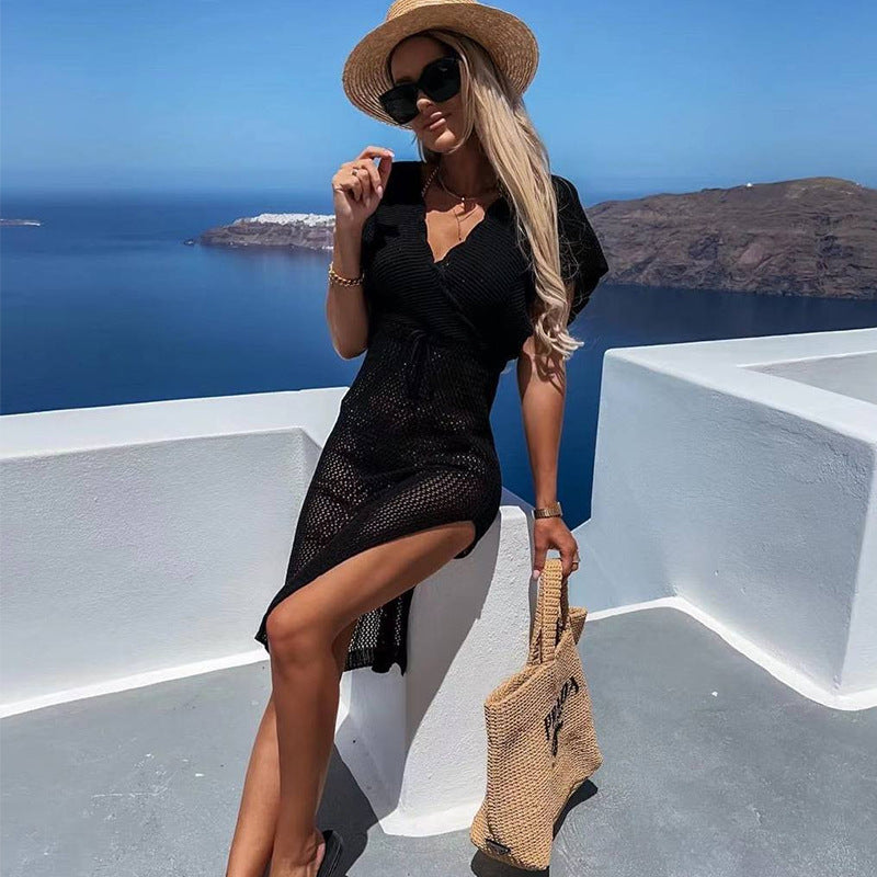 Leichtes Damen-Strandkleid aus Netzstoff, tiefer Schlitz, lockerer Schnitt - MODEGEIST