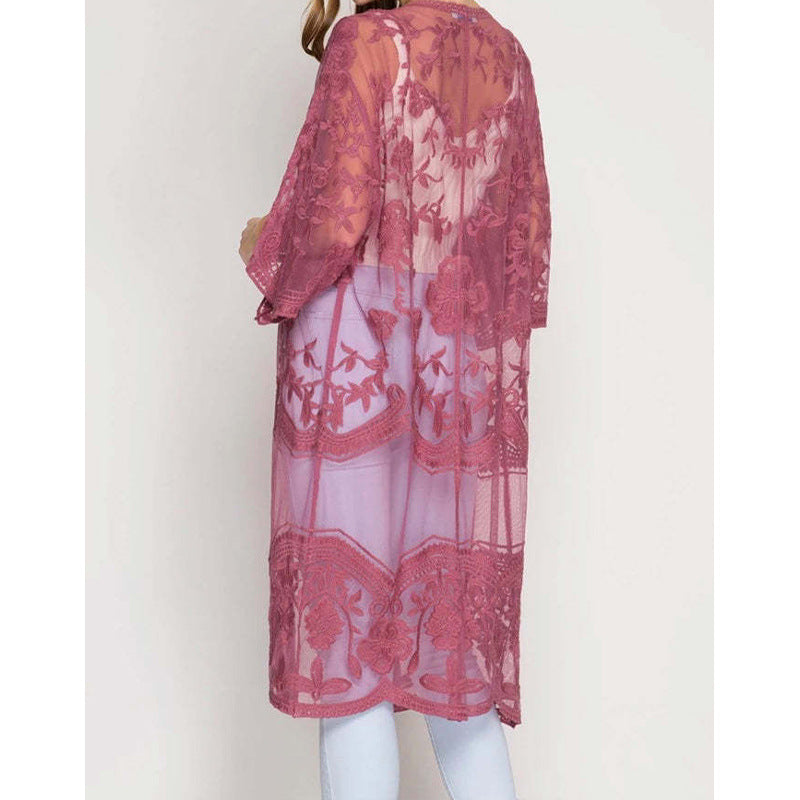 Modischer Damen-Crochet-Kimono mit luftigem Schnitt und Blumenmuster