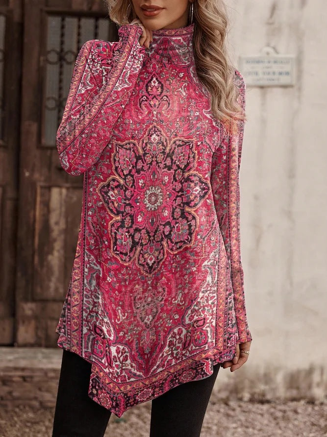 Damen Tunika mit floralem Design und hohem Kragen ModeGeist