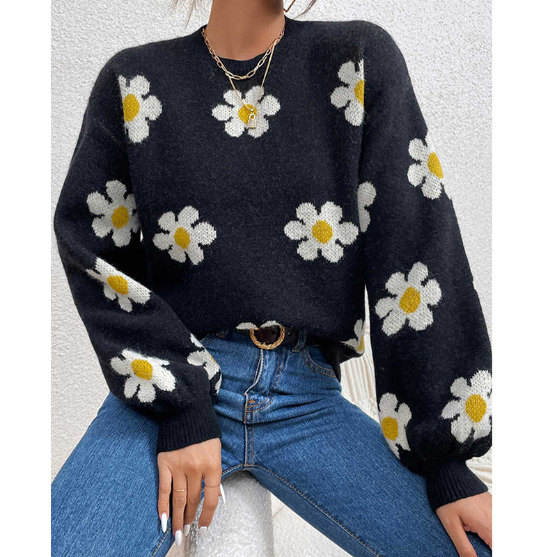 Damen Pullover mit floralem Muster und voluminösen Ärmeln ModeGeist