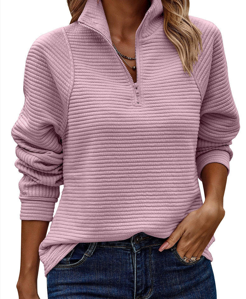 Damen Modischer Waffle-Pullover mit Stehkragen und Reißverschluss ModeGeist