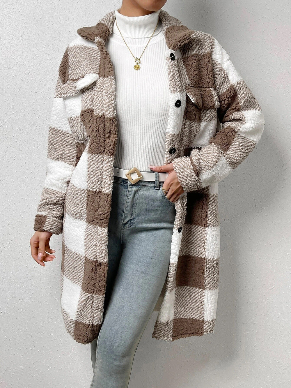 ModeGeist | Front Langarm Karo Muster Teddy Mantel