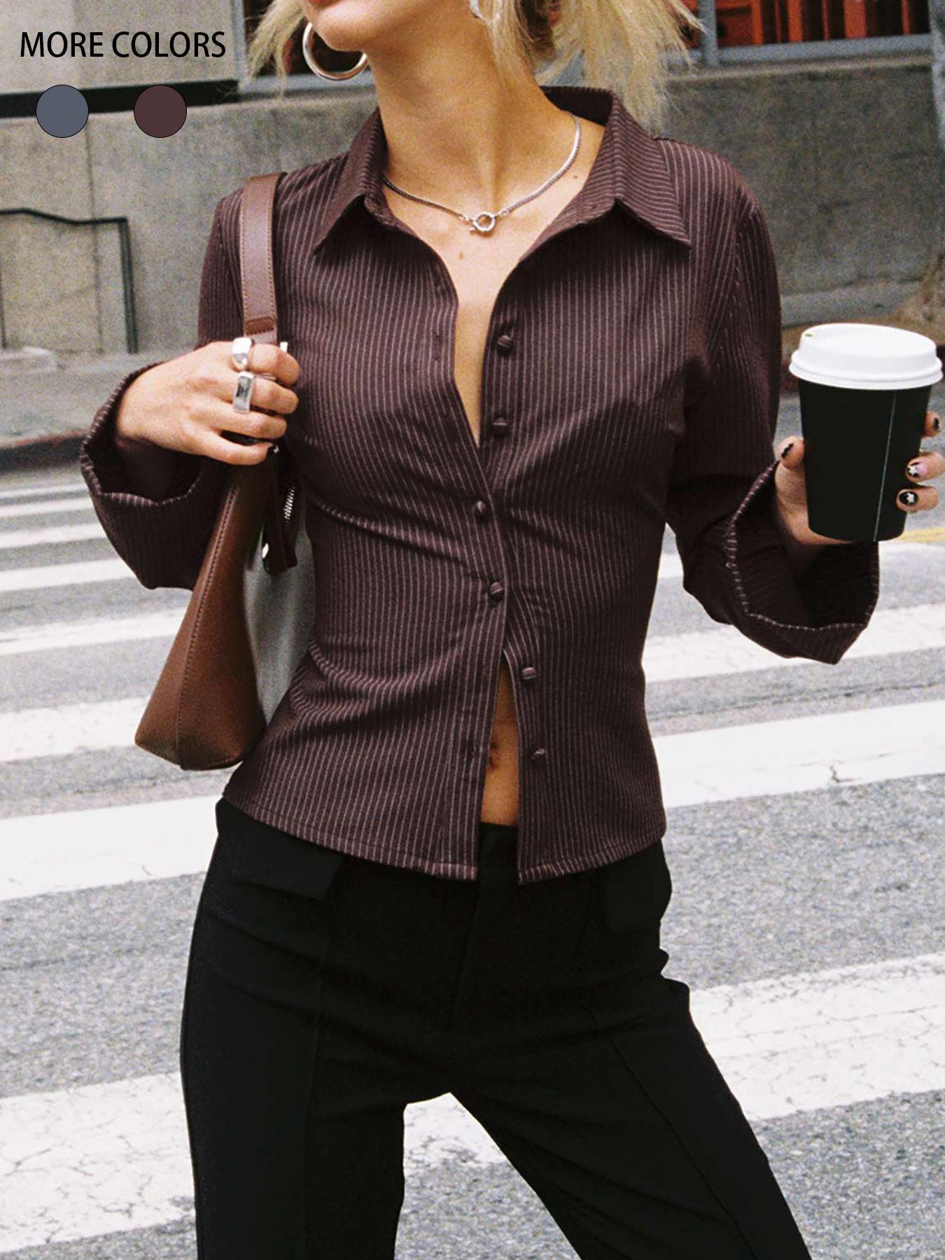 Damen taillierte Hemdbluse mit Klappkragen und feinen Streifen ModeGeist