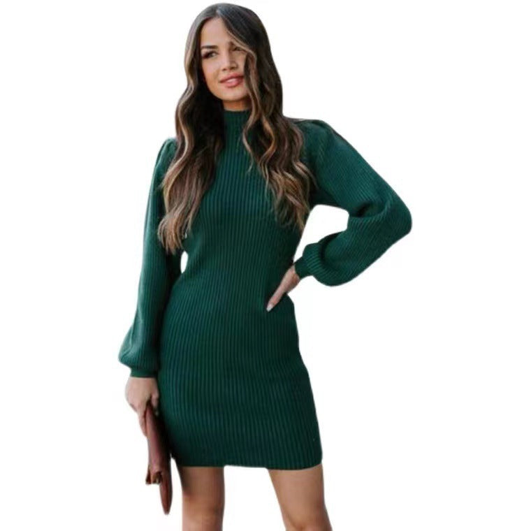 Damen Strickkleid mit hohem Kragen und Puffärmeln ModeGeist