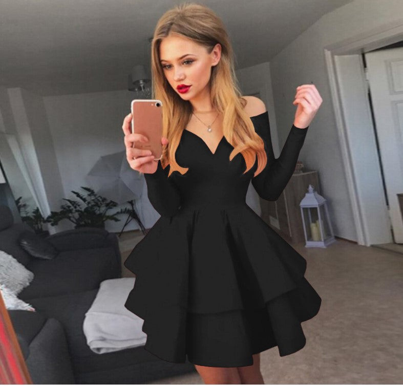 Damen Verspieltes schulterfreies Cocktailkleid mit Volants und tiefem V-Ausschnitt ModeGeist