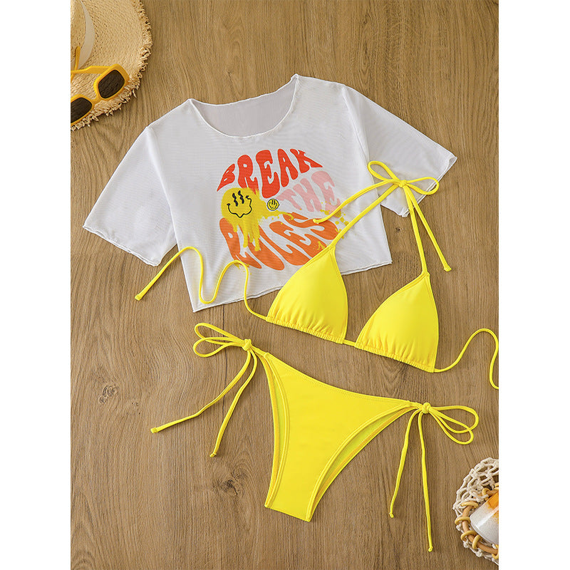 Trendiger Damen-Bikini mit Dreieck-Oberteil, Raffung vorne und passendem Crop Top