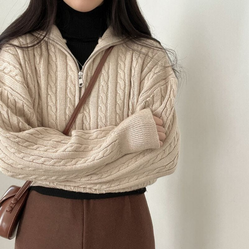 Damen kuscheliger Strickpullover mit hochschließendem Kragen und Zipper ModeGeist