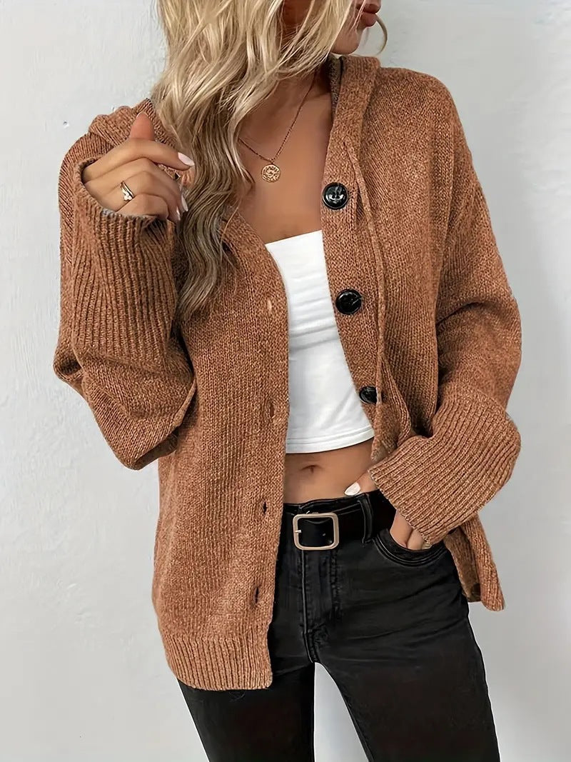 Damen Strickjacke mit Kapuze und Knopfverschluss ModeGeist
