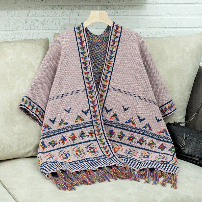 Damen stilvolle Poncho mit buntem Ethnomuster ModeGeist