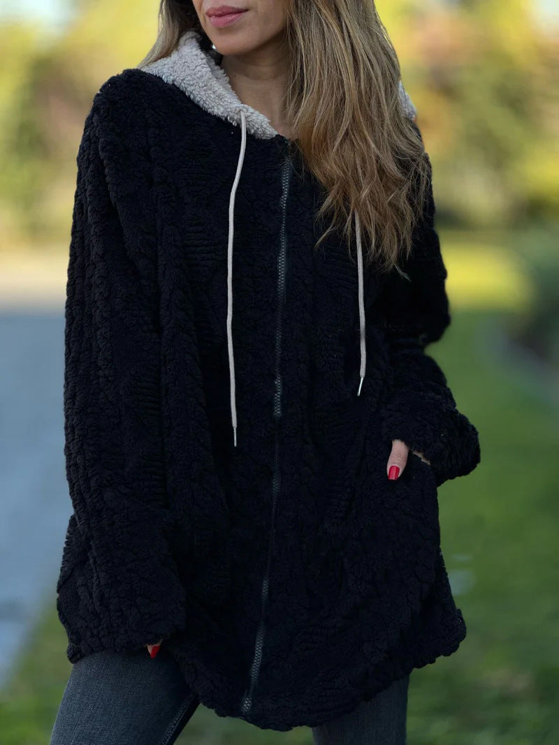 ModeGeist | Lange Weinlese Kapuzen Fell Reißverschluss Gestrickte Jacke