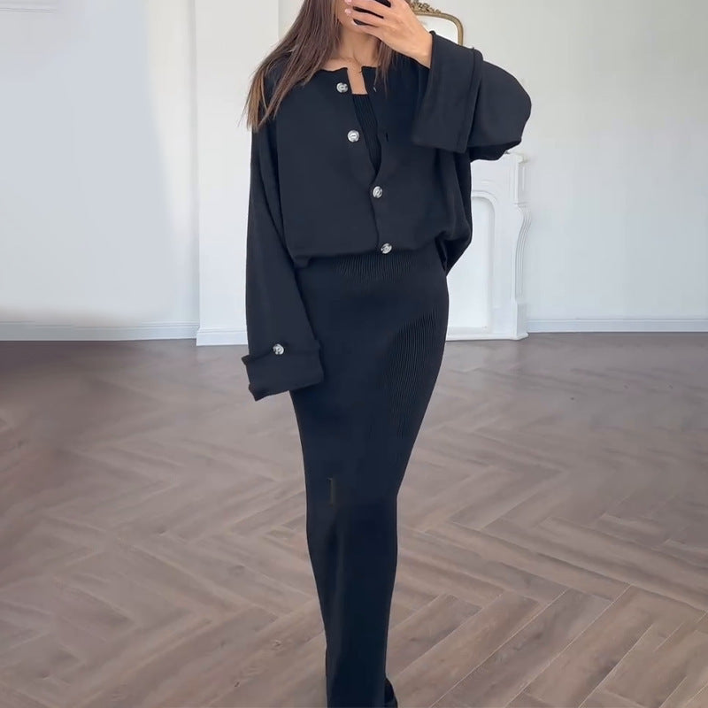 Damen Strickanzug mit elegantem Blazer und ärmellosem Maxikleid ModeGeist