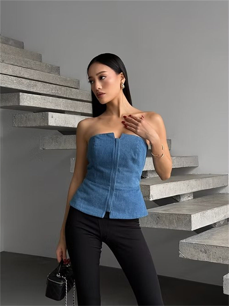 Damen ärmelloser Denim-Top mit Reißverschluss ModeGeist