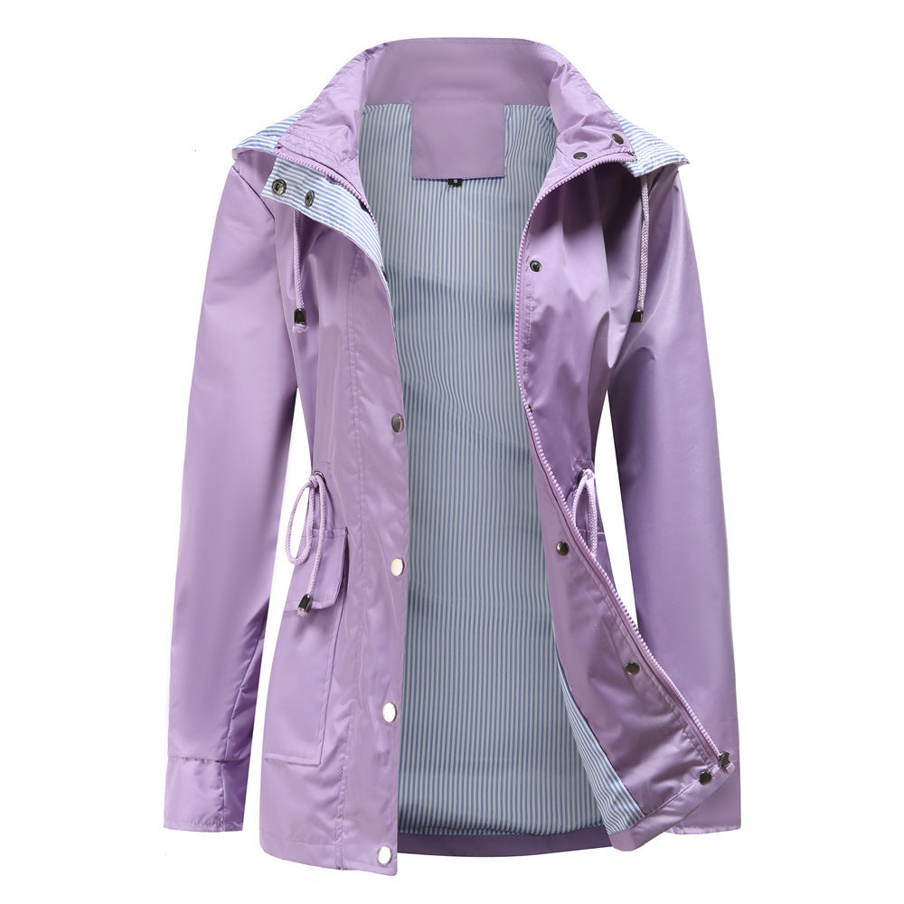 Damen Wetterfeste Regenjacke mit verstellbarem Kapuzenkragen und Taillenzug ModeGeist