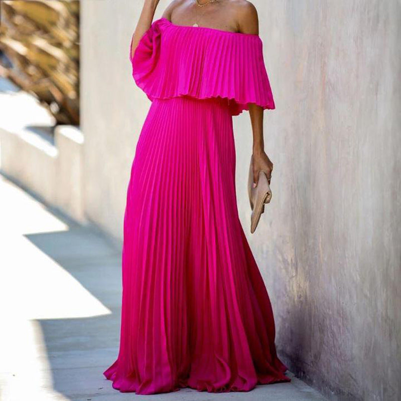 Damen Maxikleid mit asymmetrischem Plisseefall und schulterfreiem Design ModeGeist