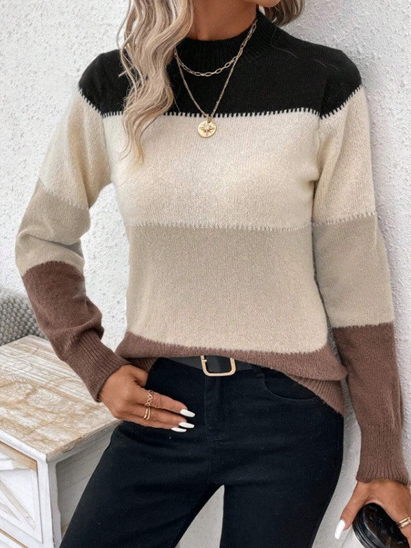 Damen Rundhals Strickpullover mit modernen Farbkombinationen ModeGeist