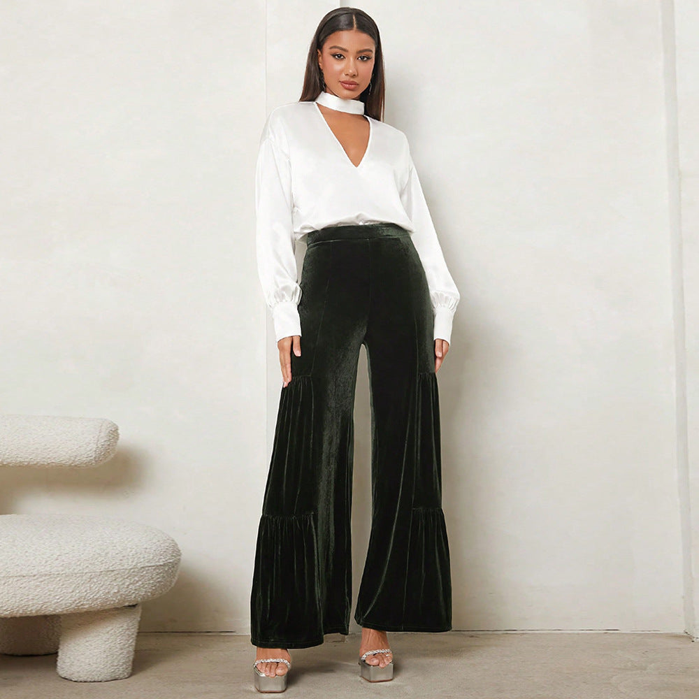 Damen Weit geschnittene Plüsch-Hose mit Falten und hohem Bund ModeGeist