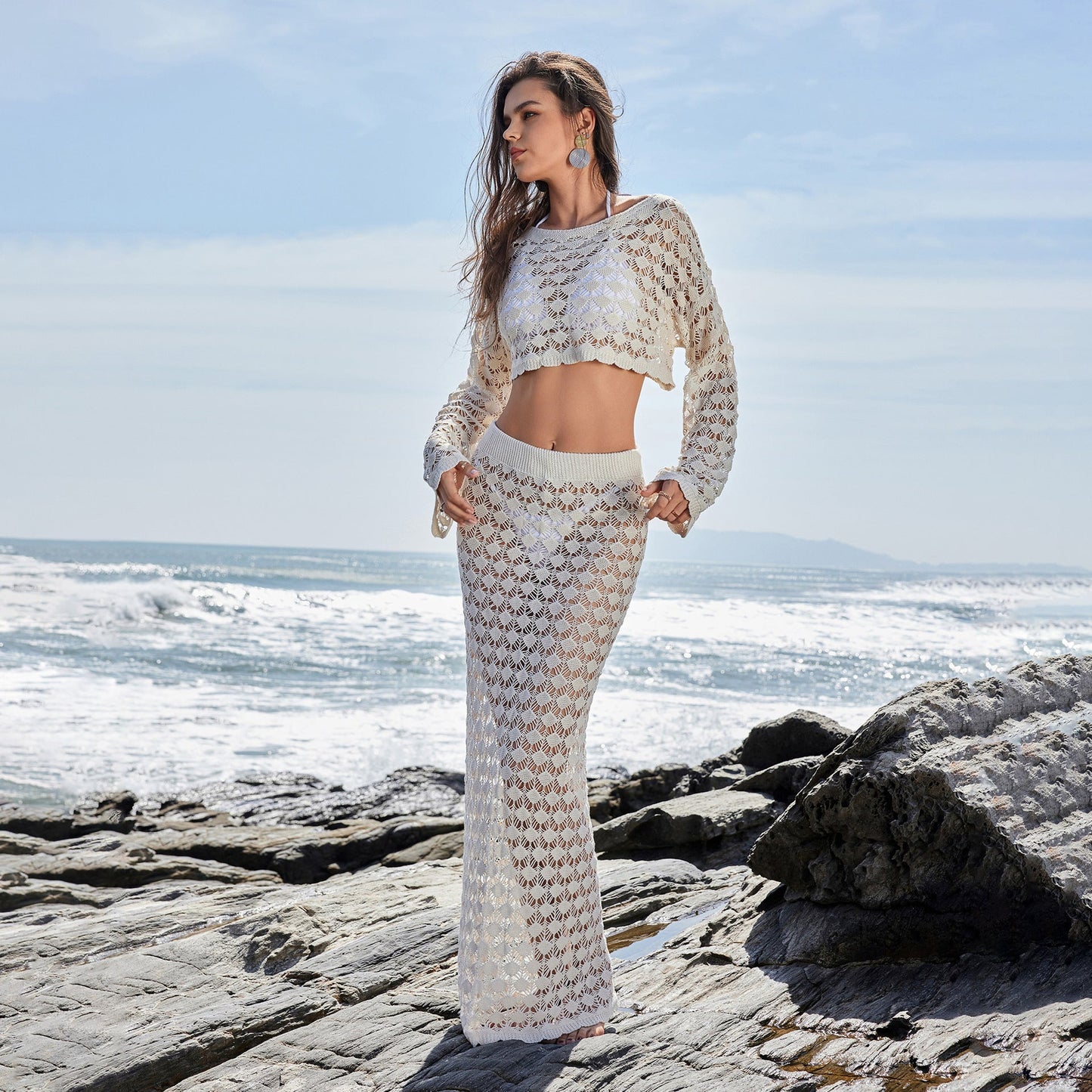 Modisches Damen-Maxi-Strandkleid-Set Häkelarbeit
