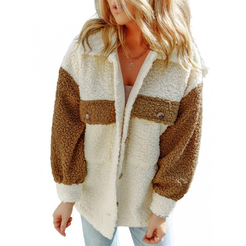 Damen Kuschelige Teddyjacke mit Kontrast-Ärmeln ModeGeist