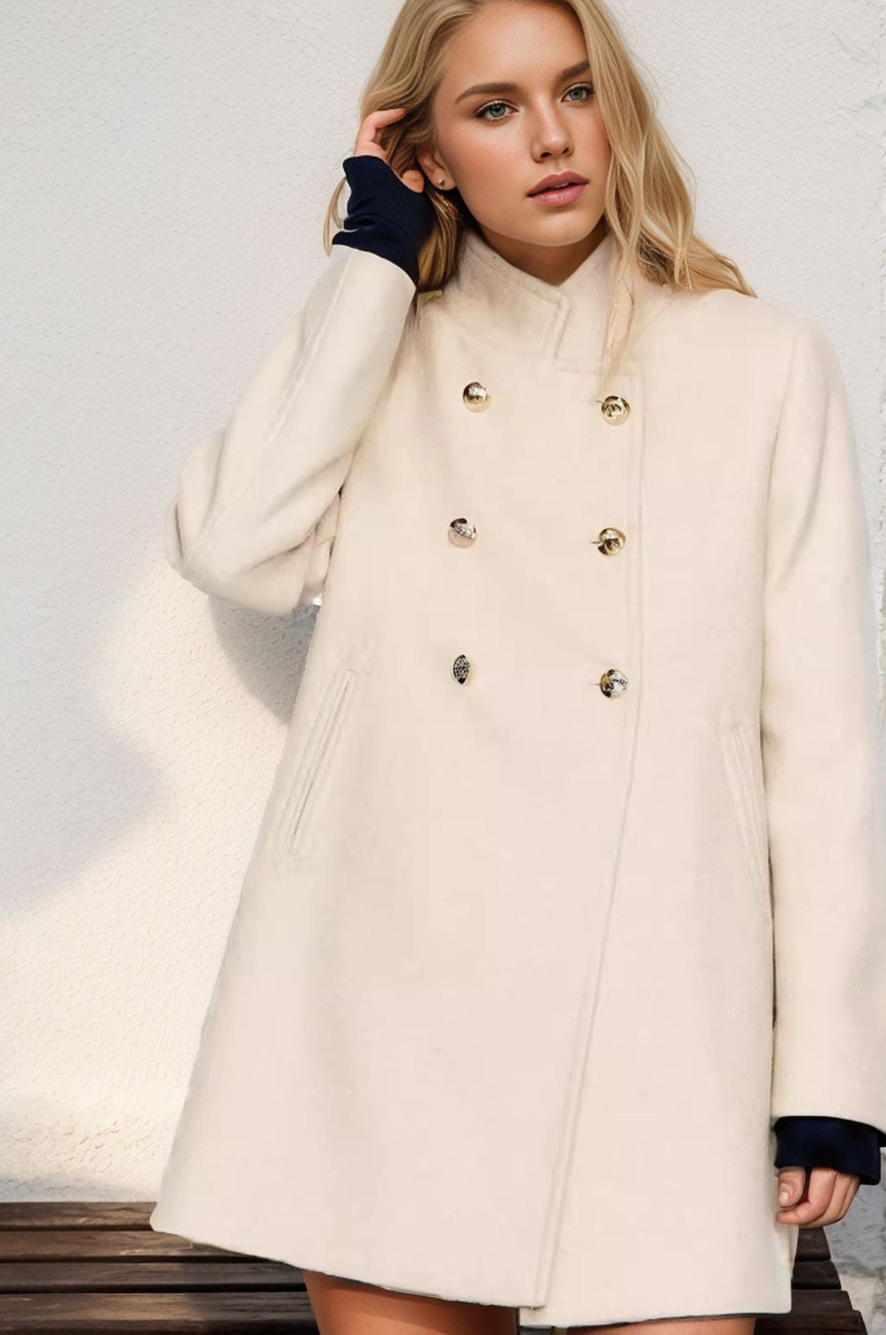 Damen modischer kurzer Mantel mit doppelter Knopfreihe und eleganter Stehkragen ModeGeist