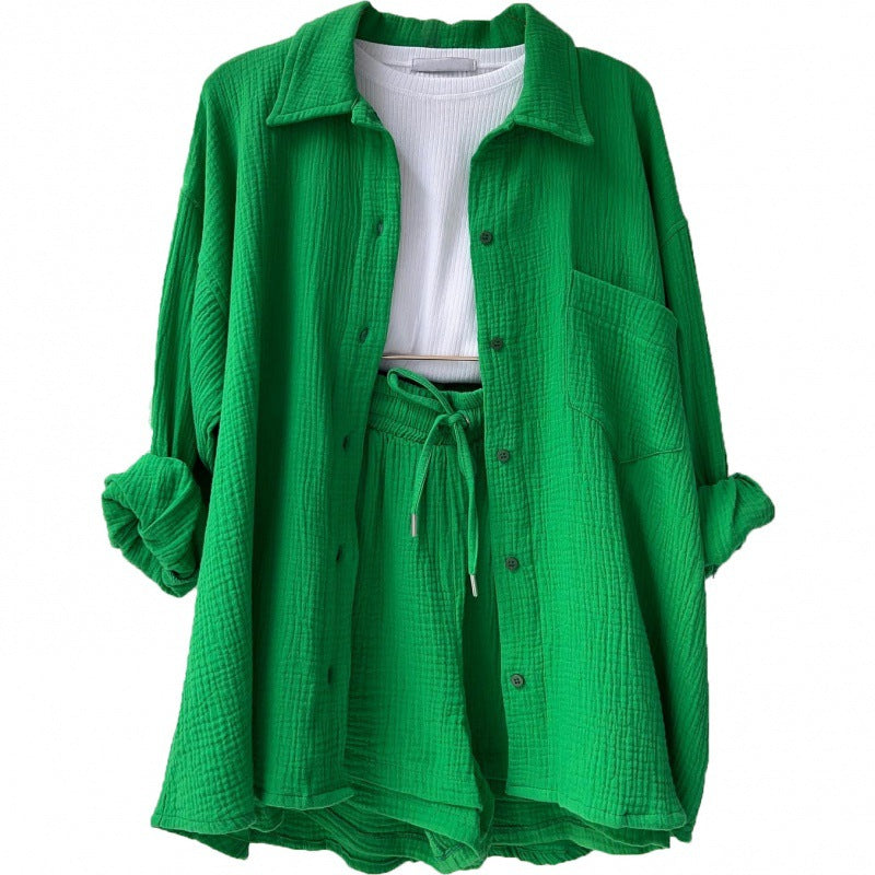 Modebewusstes Damen Freizeit Set: Hemdjacke mit kurzen Ärmeln und Shorts