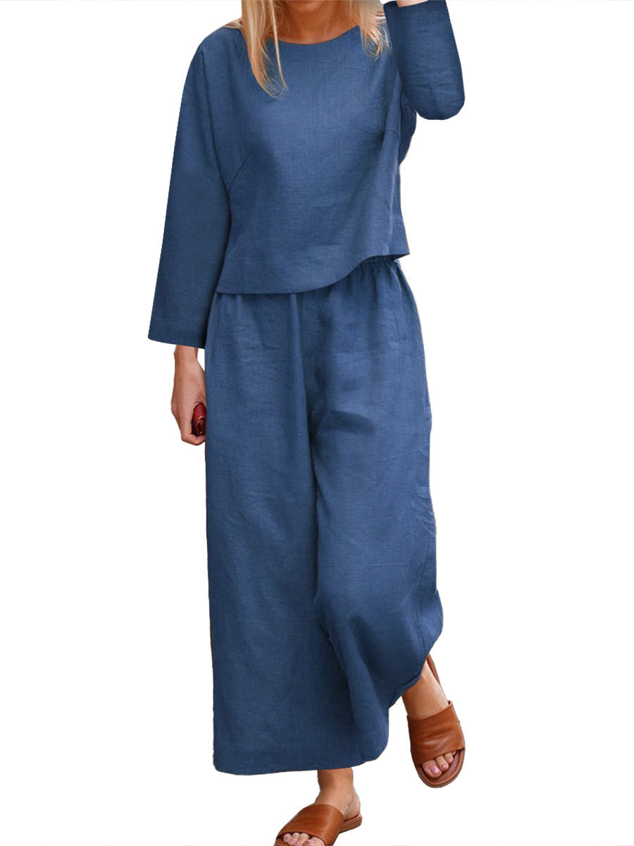 Damen lässiges Leinen-Langarm-Set mit weiten Hosen ModeGeist